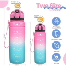 Motivierende Trinkflasche mit Zeitmarkierung, auslaufsicher, BPA-frei, 1000 ml Rosa-Smaragd