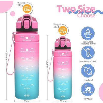 Motivierende Trinkflasche mit Zeitmarkierung, auslaufsicher, BPA-frei, 1000 ml Rosa-Smaragd