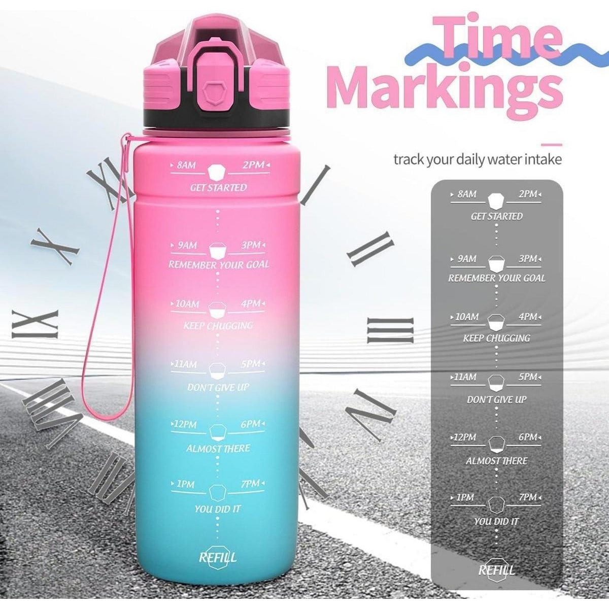 Motivierende Trinkflasche mit Zeitmarkierung, auslaufsicher, BPA-frei, 1000 ml Rosa-Smaragd