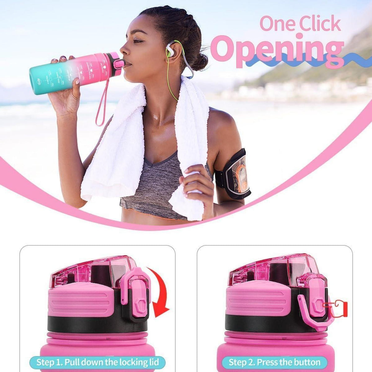 Motivierende Trinkflasche mit Zeitmarkierung, auslaufsicher, BPA-frei, 1000 ml Rosa-Smaragd