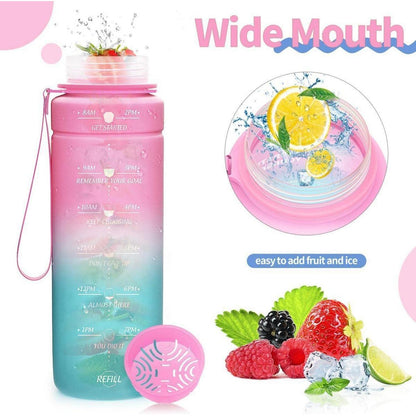 Motivierende Trinkflasche mit Zeitmarkierung, auslaufsicher, BPA-frei, 1000 ml Rosa-Smaragd