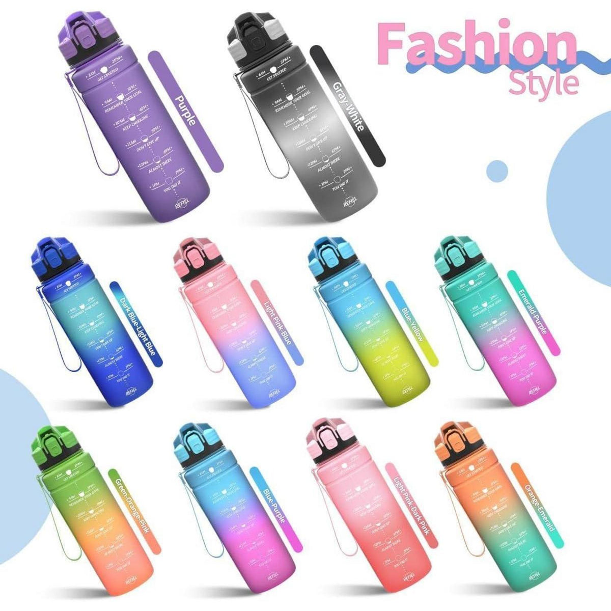 Motivierende Trinkflasche mit Zeitmarkierung, auslaufsicher, BPA-frei, 1000 ml Rosa-Smaragd
