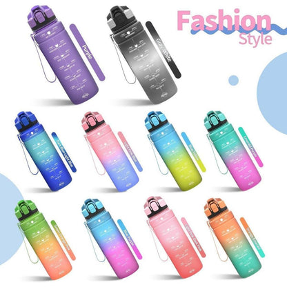 Motivierende Trinkflasche mit Zeitmarkierung, auslaufsicher, BPA-frei, 1000 ml Rosa-Smaragd