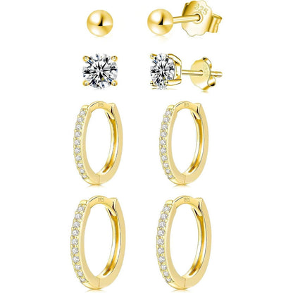 4 Paar Ohrstecker & Creolen Set Silber 925 Zirkonia Damen Gold