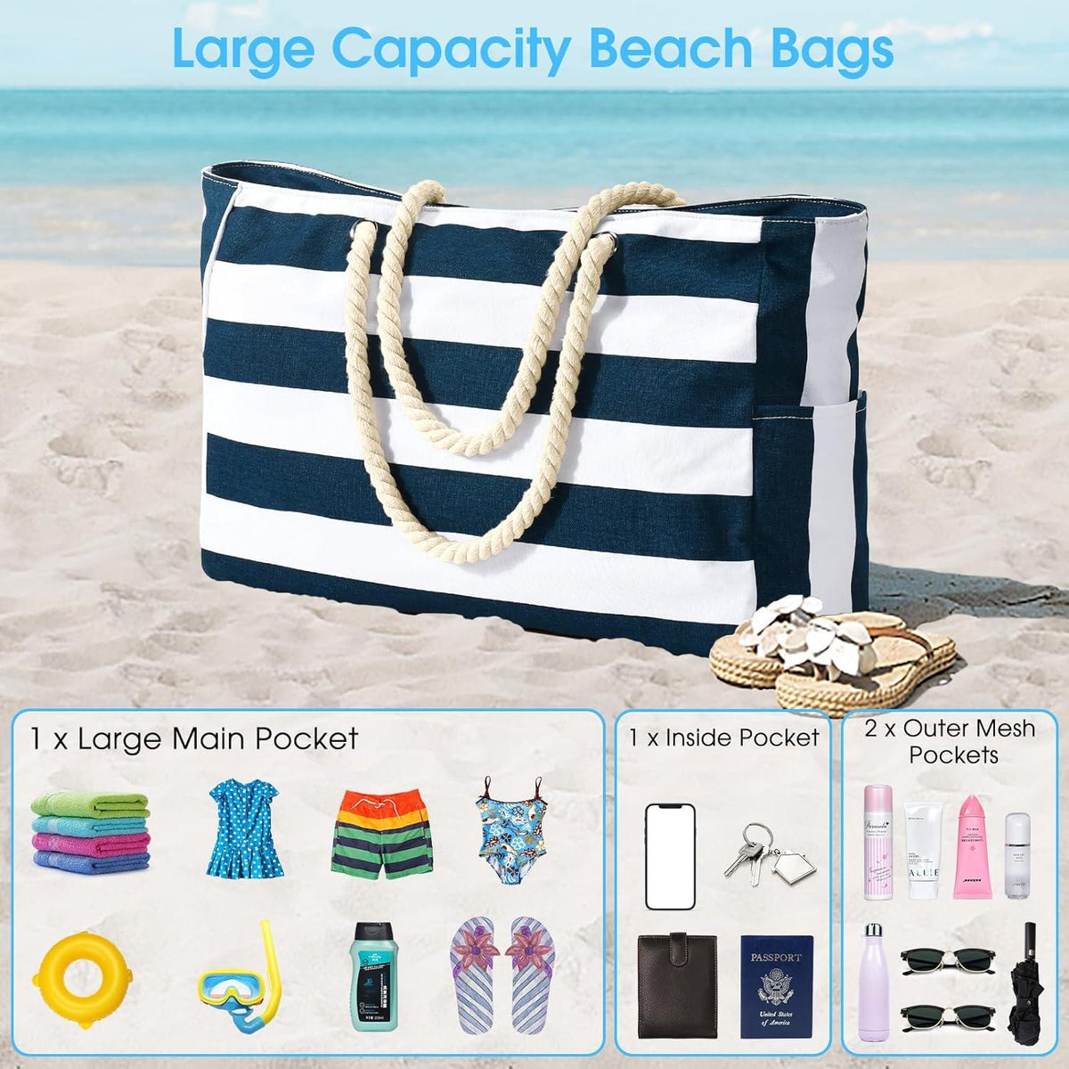 Strandtasche Damen Groß Badetasche Shopper mit Reißverschluss - Wasserdicht