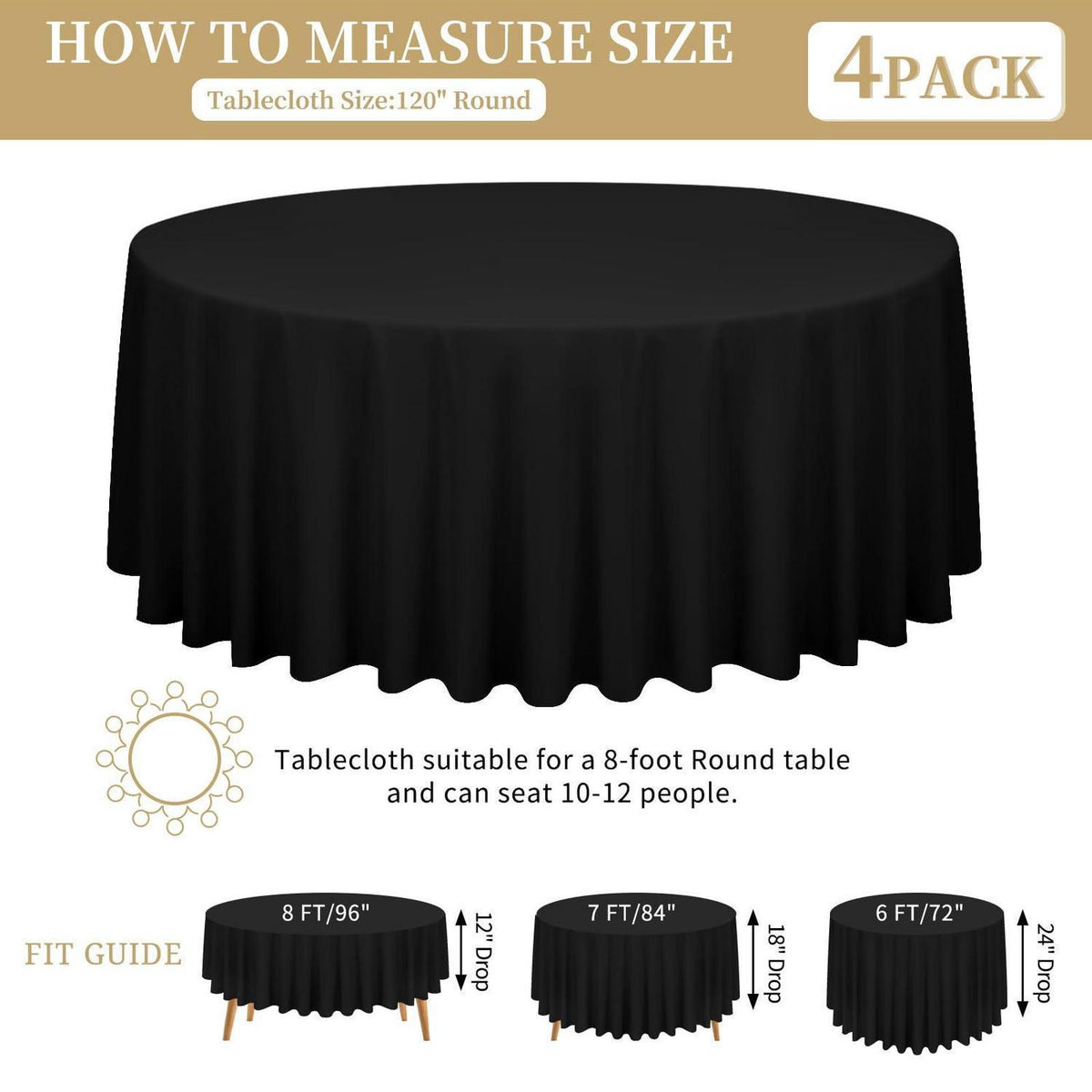 4x Runde Tischdecke Schwarz 300cm – Polyester, Waschbar