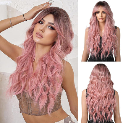 Ombre Rosa Lockige Perücke mit Pony Synthetisches Haar Hitzebeständig