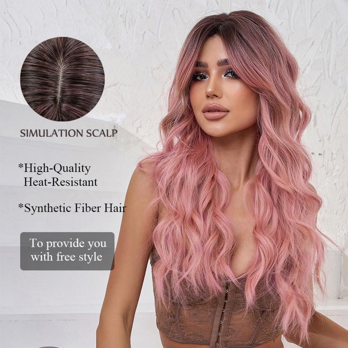 Ombre Rosa Lockige Perücke mit Pony Synthetisches Haar Hitzebeständig