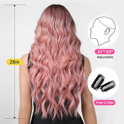 Ombre Rosa Lange Lockige Perücke mit Pony für Frauen - Hitzebeständige Synthetische Haarperücke
