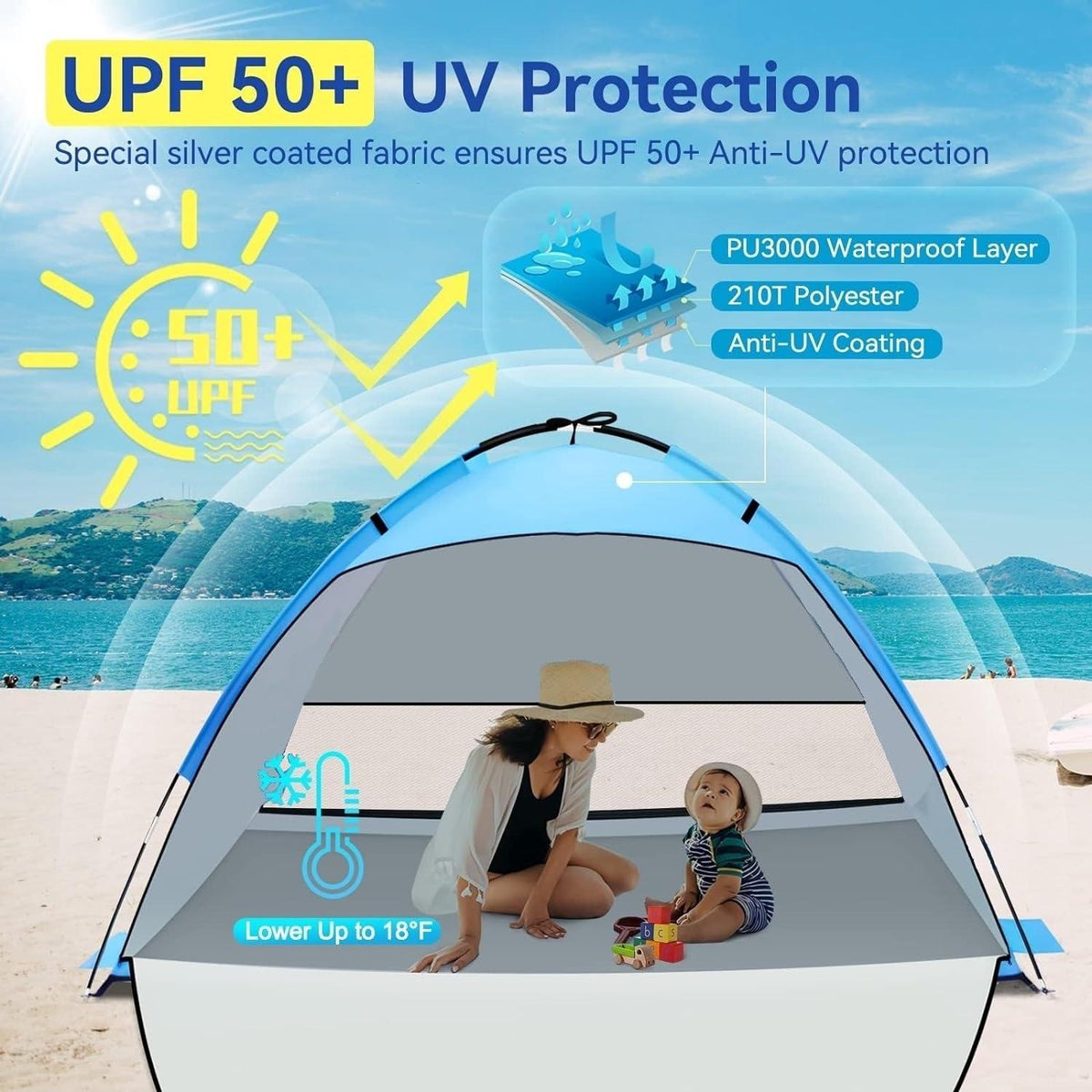 Strandmuschel UV Schutz 3-4 Personen UPF 50+ Strandzelt