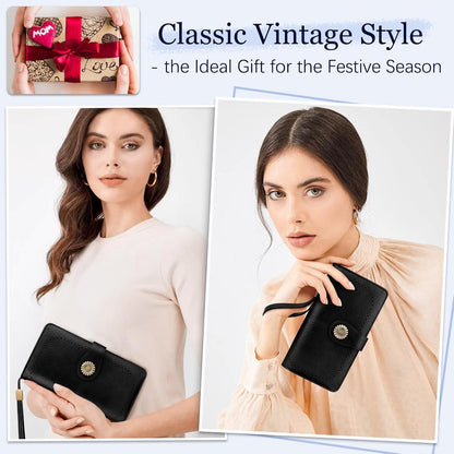 Damen Geldbörse Leder RFID Schutz 24 Kartenfächer Vintage Schwarz