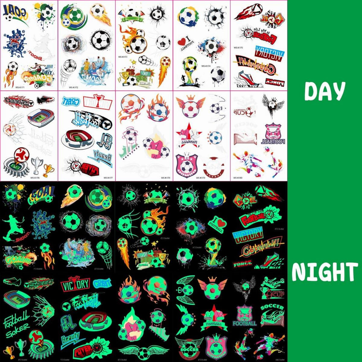 Leuchtende Fußball Tattoos für Kinder, Set mit 10 Blättern