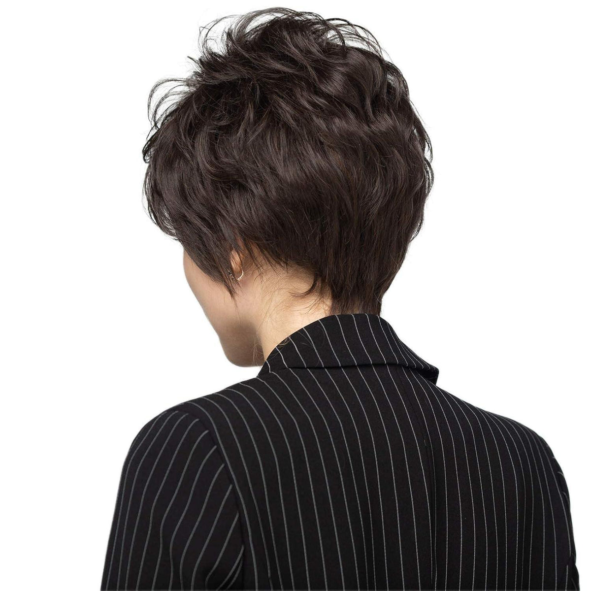 Kurze Pixie Perücke braun-schwarz mit Pony | Echthaar Mix