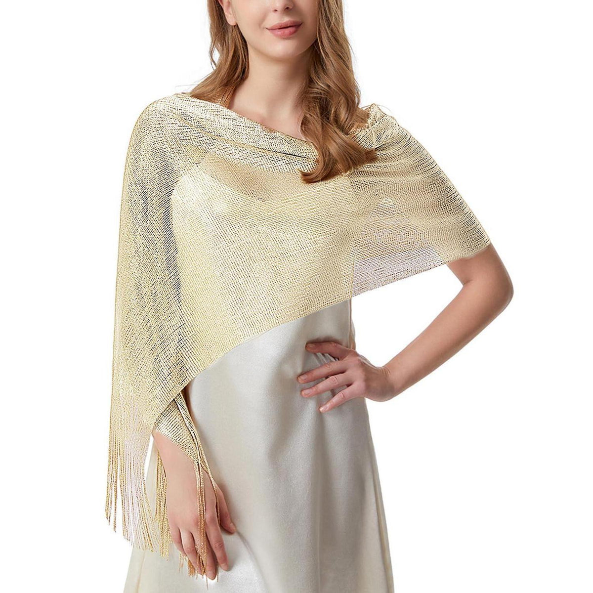 Festliche Stola Damen Elegant mit Quasten - Weiß gold