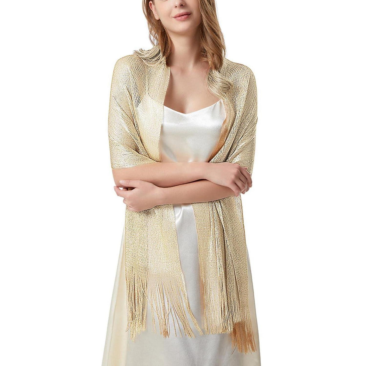 Festliche Stola Damen Elegant mit Quasten - Weiß gold