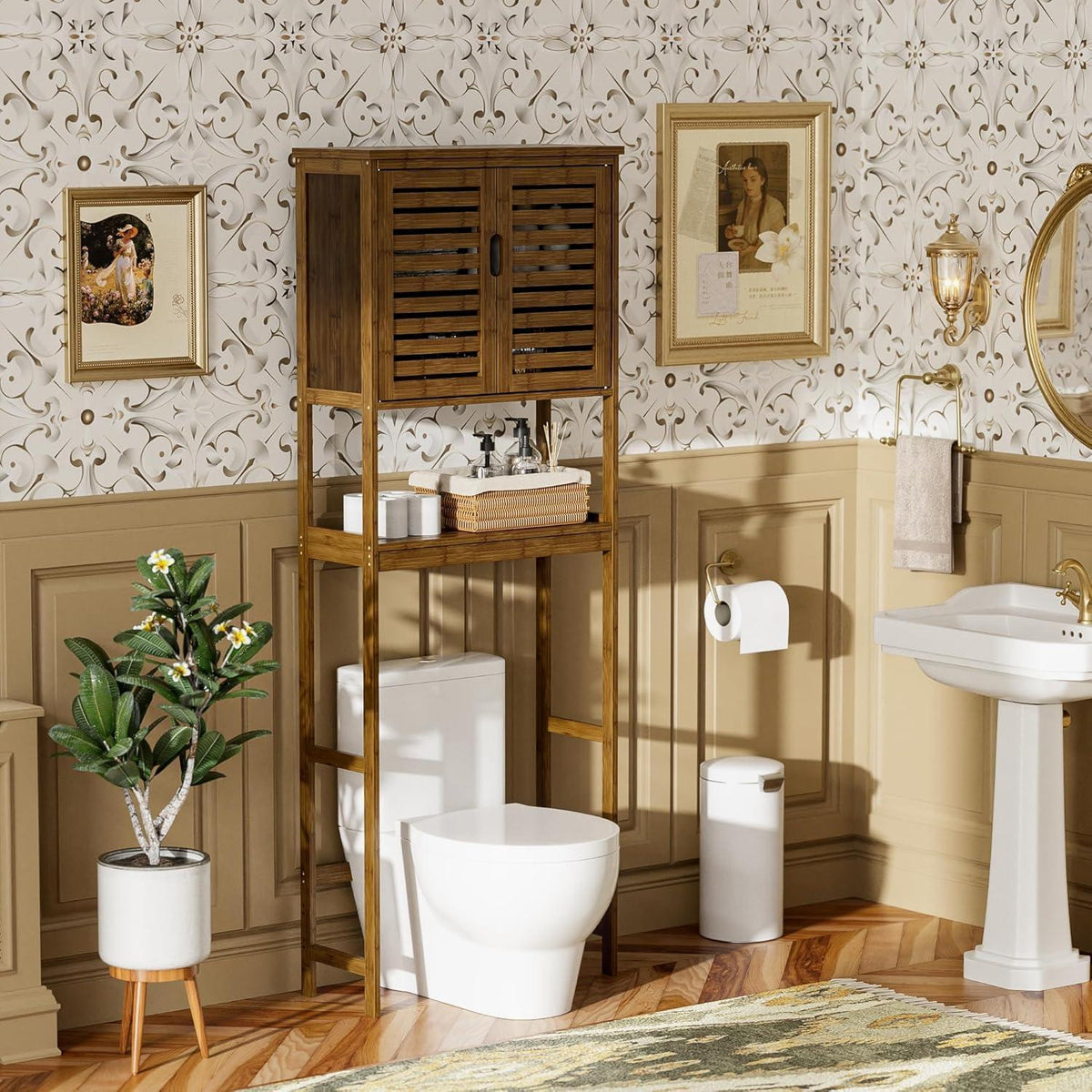 Bambus Toilettenregal mit Schrank & 3 verstellbaren Regalen