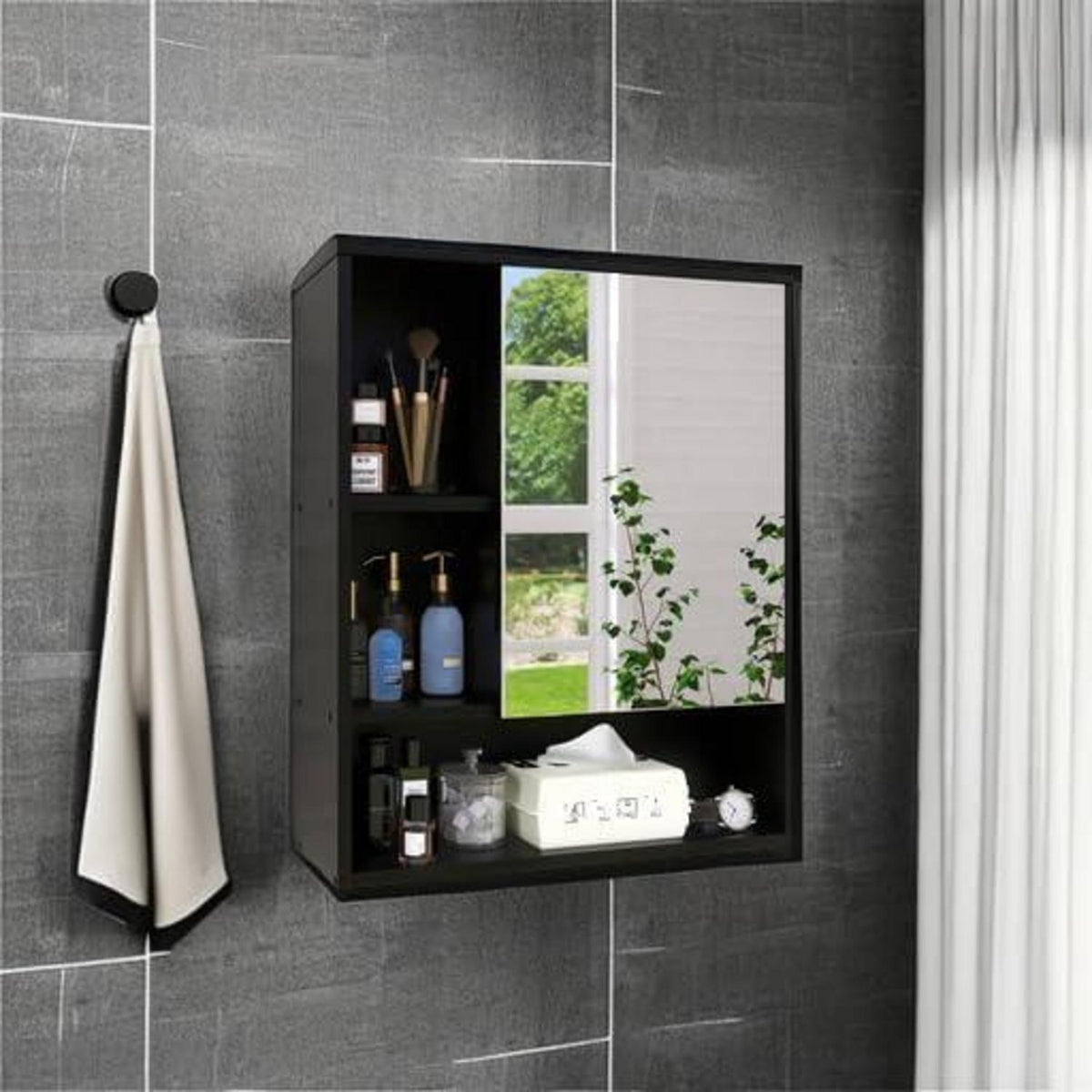 SMIBUY Badezimmerschrank Bambus Wandmontage Schwarz Spiegelplatz