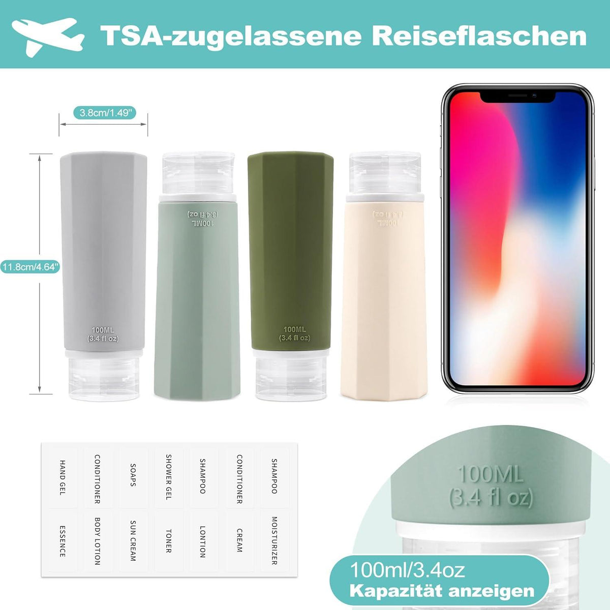 4er Set BPA-freie Silikon-Reiseflaschen 100ml Auslaufsicher