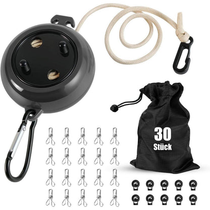 Ausziehbare Wäscheleine 10m mit Clips für Camping & Reise (Schwarz)