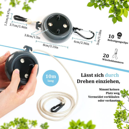 Ausziehbare Wäscheleine 10m mit Clips für Camping & Reise (Schwarz)