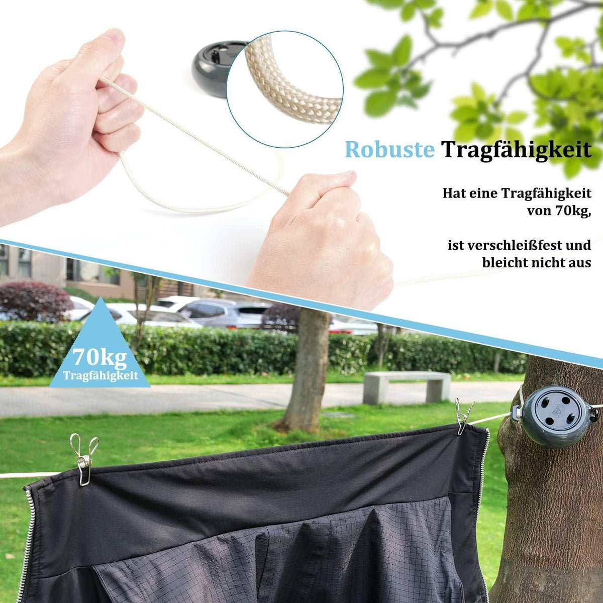 Ausziehbare Wäscheleine 10m mit Clips für Camping & Reise (Schwarz)