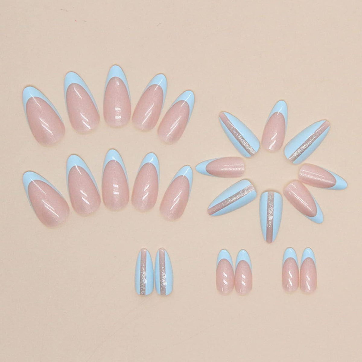 24 Stück Mandel Nägel French Hellblau Künstliche Glossy Press on Nails