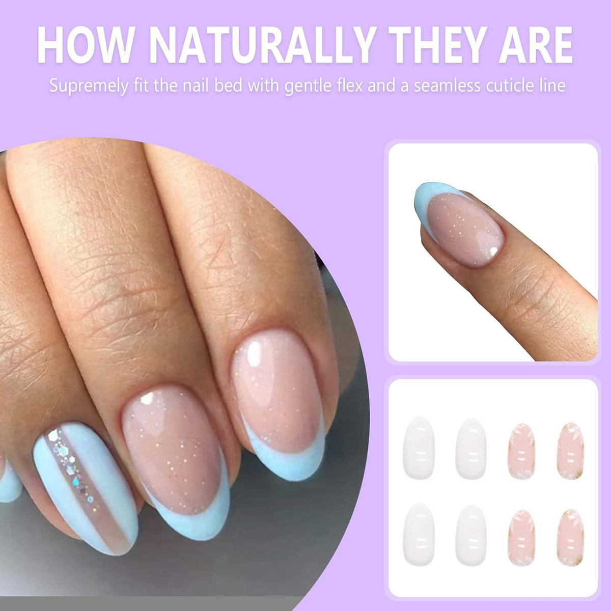 24 Stück Mandel Nägel French Hellblau Künstliche Nägel Wiederverwendbare Nails Kit