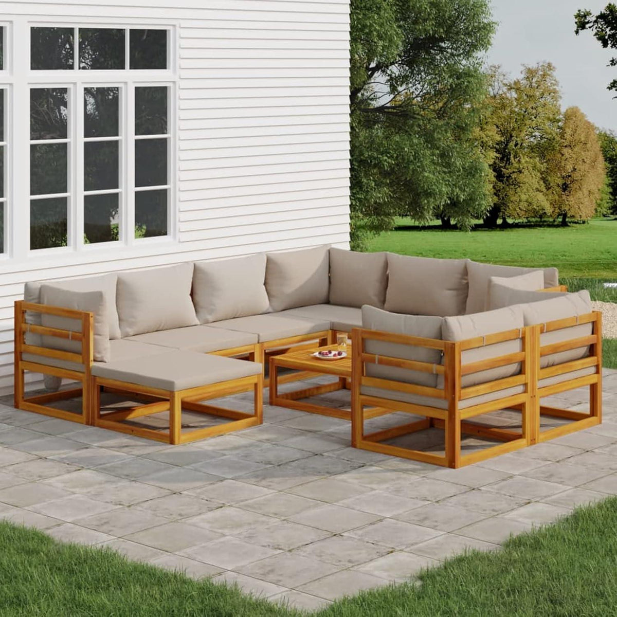 Gartenmöbel Set Holz 10-tlg Balkon Lounge Hellgrau Kissen