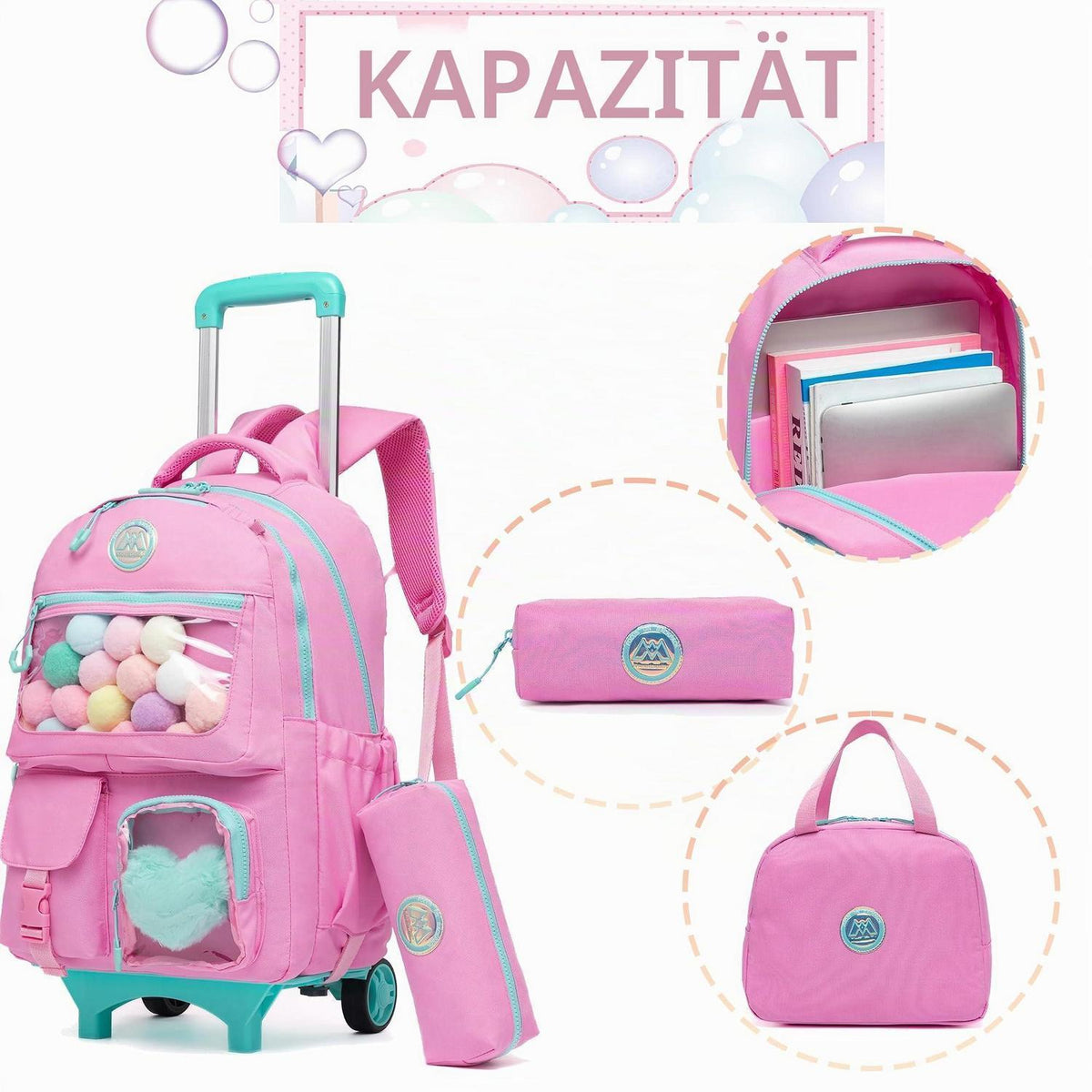 Kinder Trolley Rucksack Rosa – Schulrucksack mit Rollen & Zubehör