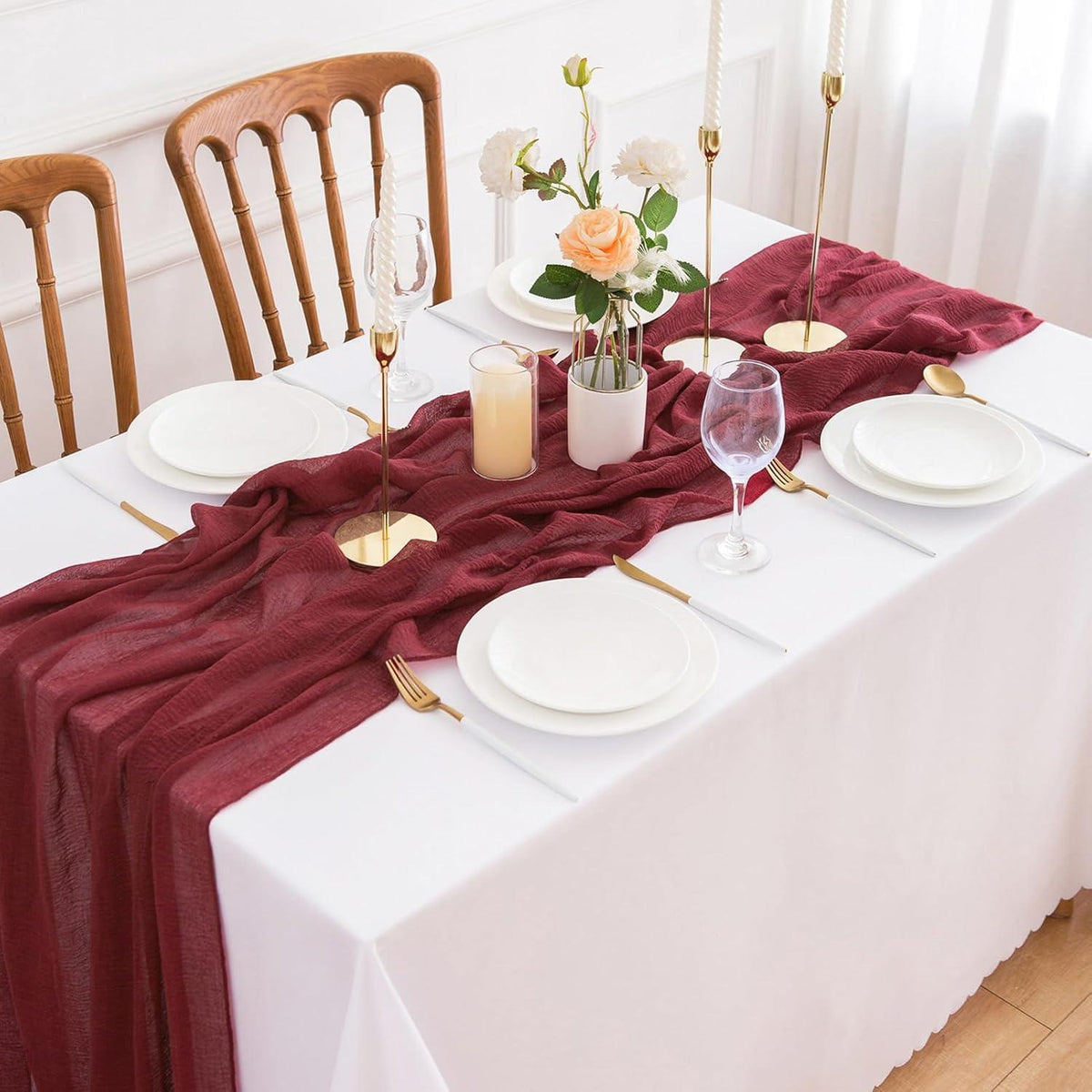 Tischläufer Musselin Bordeaux Rot 80x300cm Waschbar & Wiederverwendbar