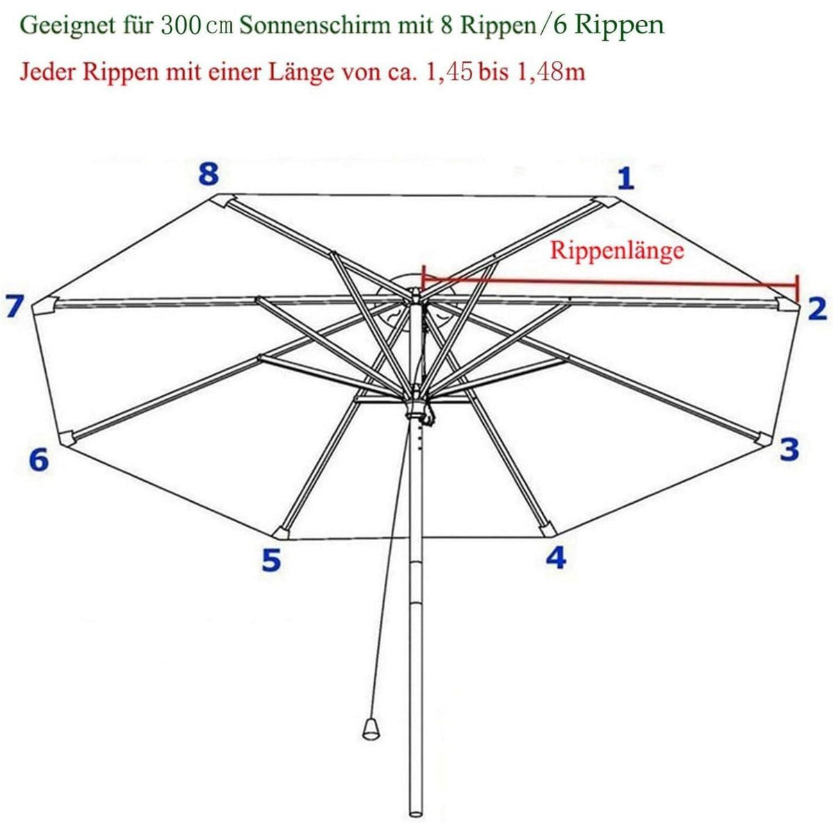 Sonnenschirm Ersatzbezug 3m UV Schutz 8 Streben Anthrazit