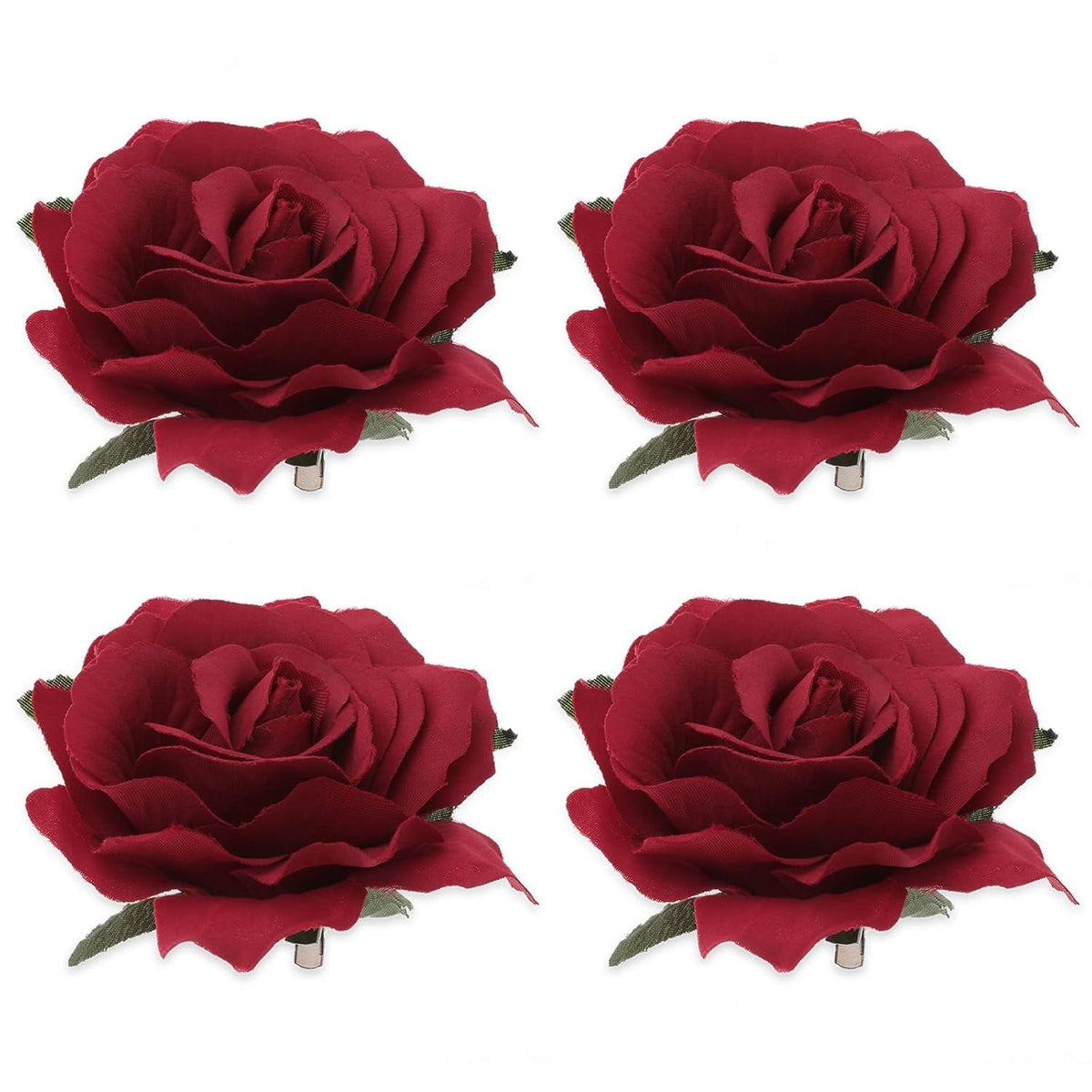 4er Set Blumen-Haarspangen Stoffrose Broschen Haarschmuck_rot