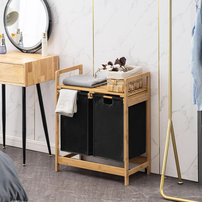 Wäschekorb Bambusgestell Ablagen 2 Ausziehbar Schrank Bad 73x64x33cm