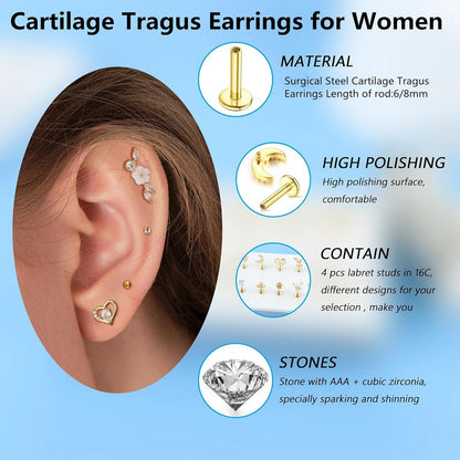 Tragus Helix Piercing Ohrringe 12 Stück Chirurgenstahl Zirkonia