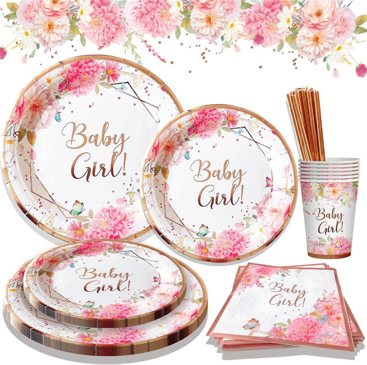 Babyparty Deko Set 24 Gäste Rosa Gold Pappteller Becher Servietten