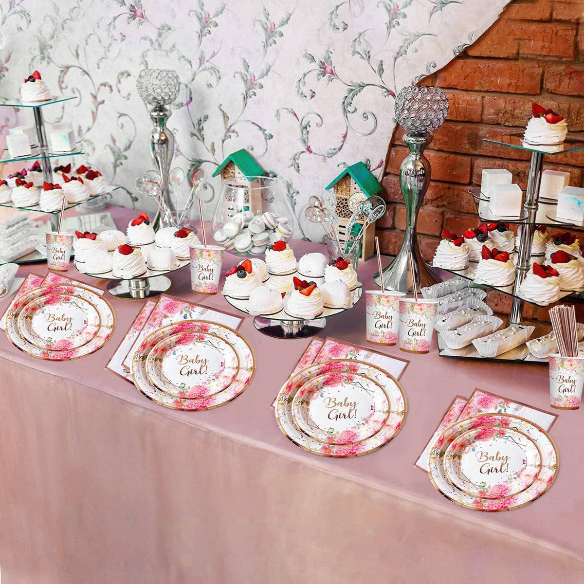 Babyparty Deko Mädchen, Baby Shower Partygeschirr Set 120 Stück Rosa