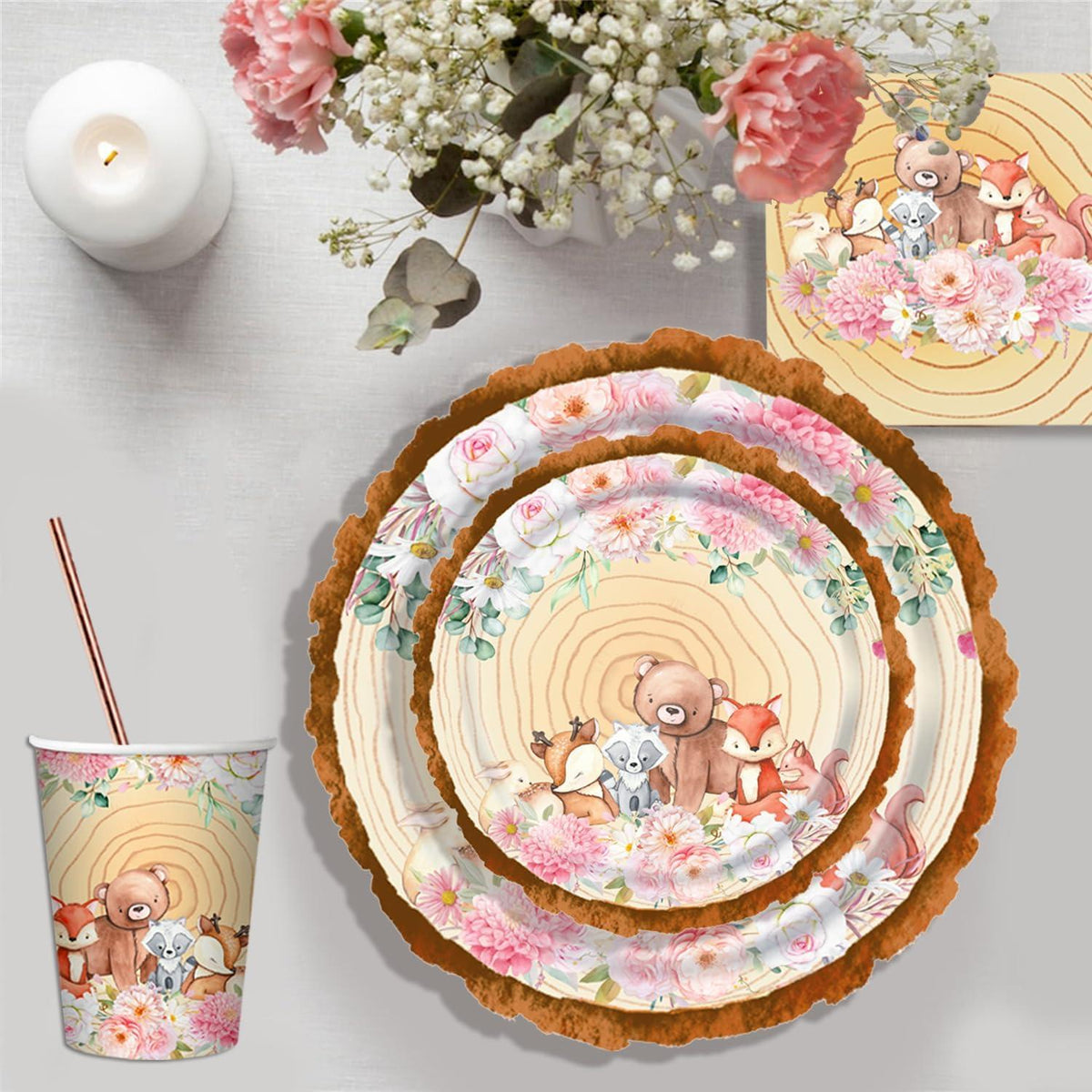 Waldtiere Babyparty Deko Set 120-teilig, Rose Gold