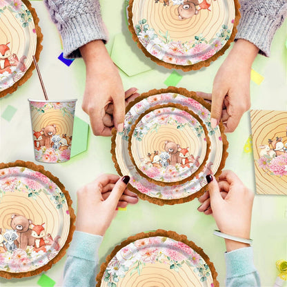 Waldtiere Babyparty Deko Set 24 Gäste Rose Gold Pappteller Becher Servietten