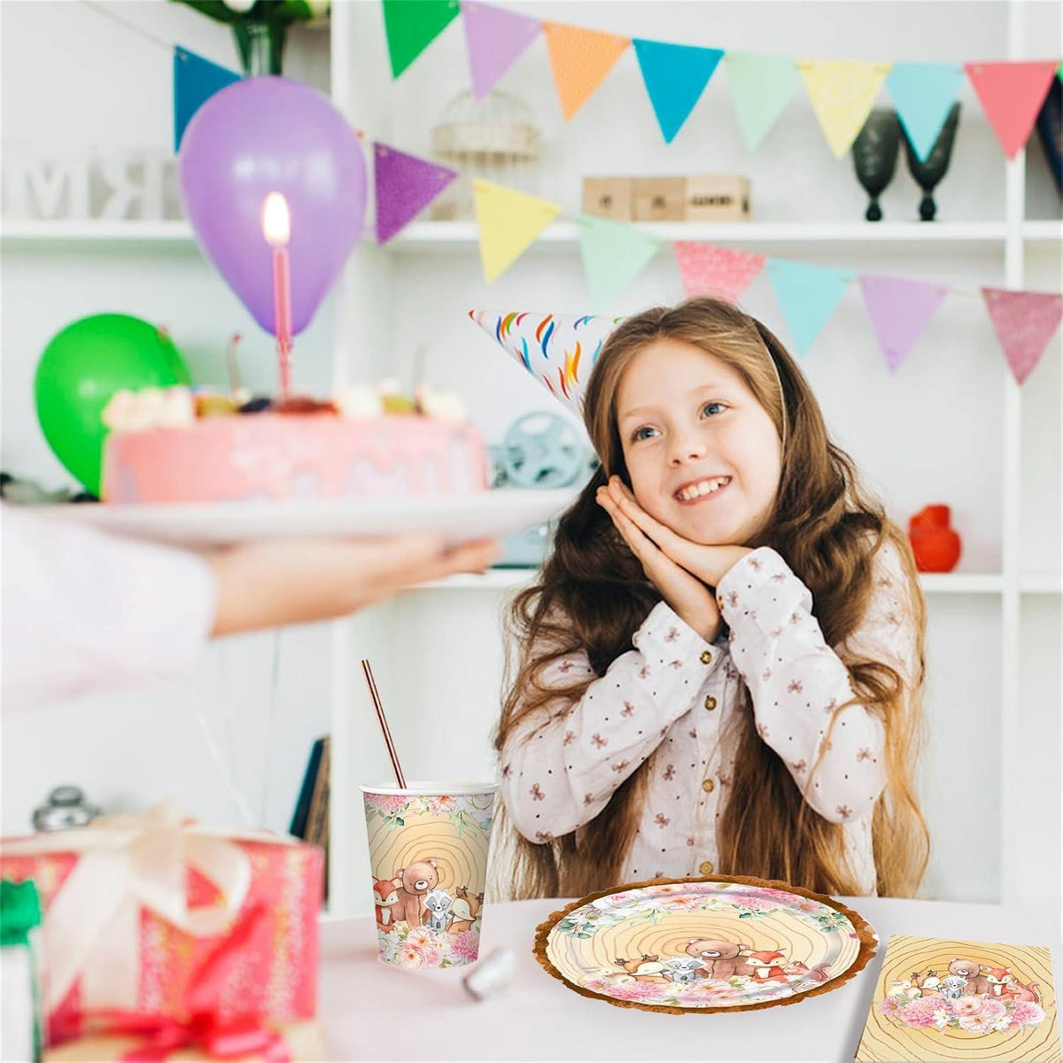 Waldtiere Babyparty Deko Partygeschirr Set 24 Gäste 120 Stück Rose