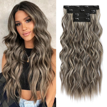 60cm Clip-in Haarverlängerung – Aschbraun mit Strähnchen, Strandwellen