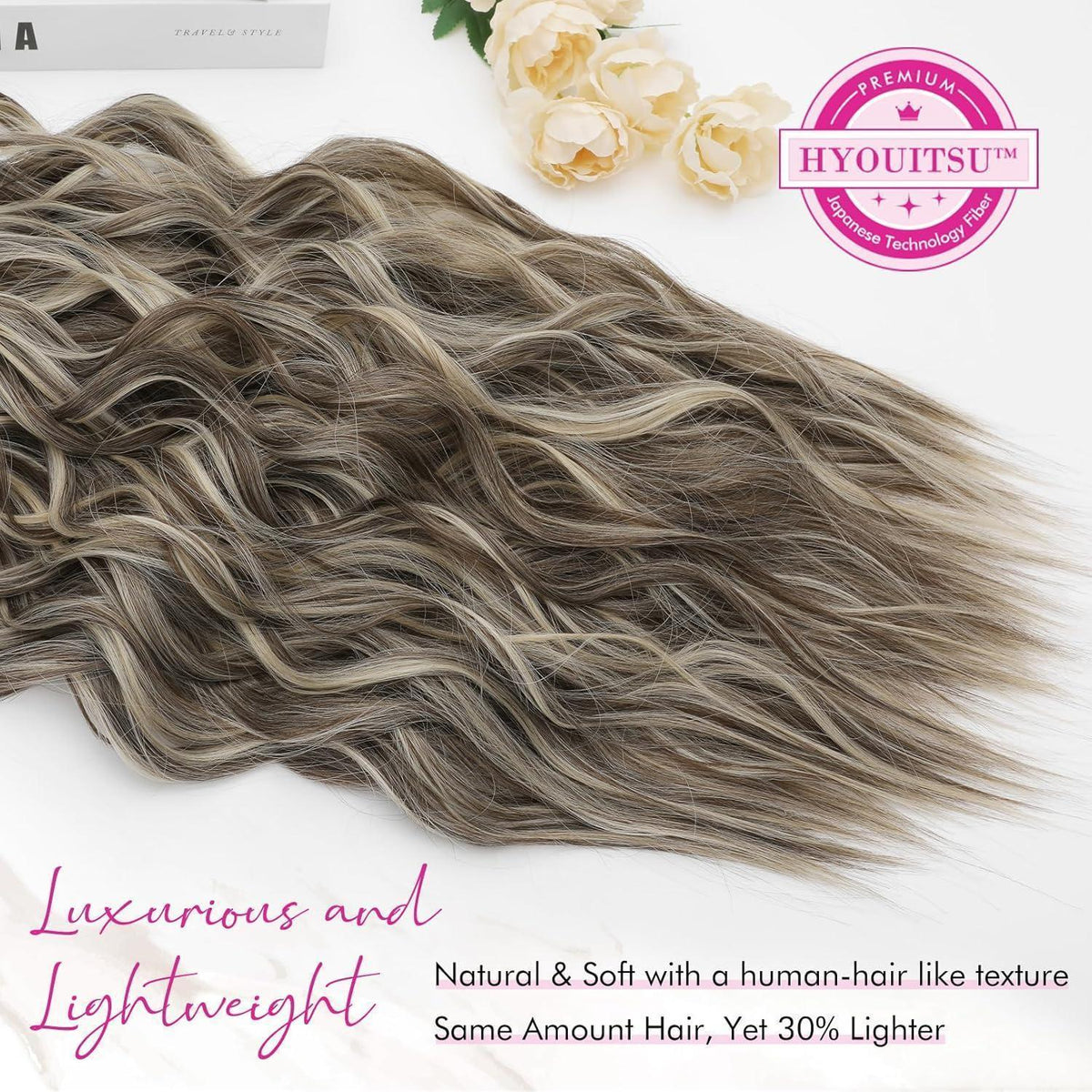 60cm Clip-in Haarverlängerung – Aschbraun mit Strähnchen, Strandwellen