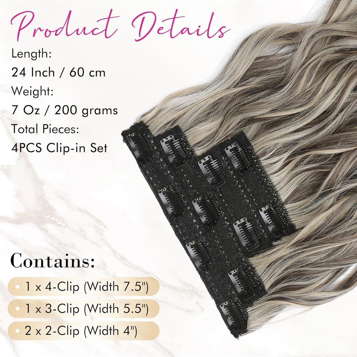 60cm Clip-in Haarverlängerung – Aschbraun mit Strähnchen, Strandwellen