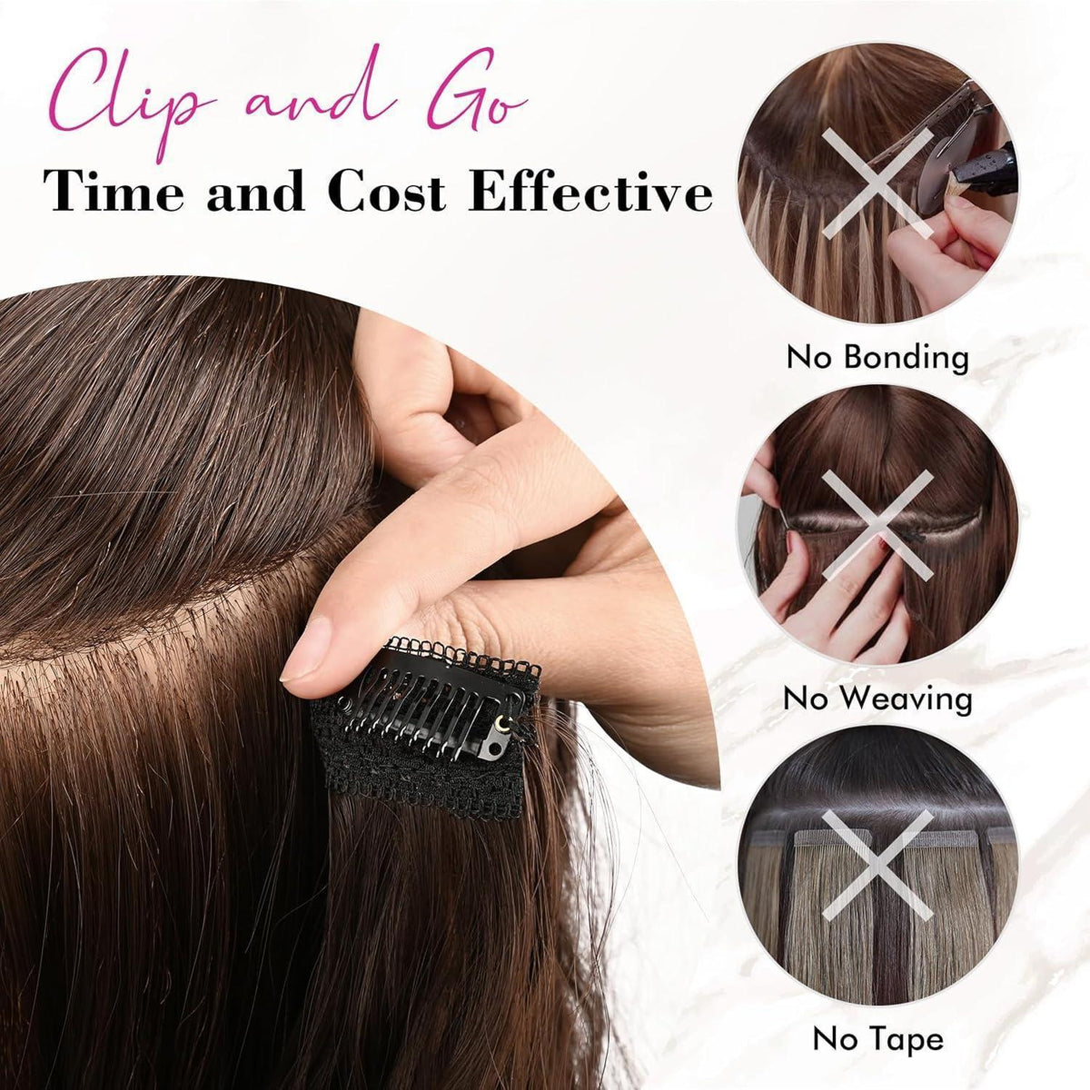60cm Clip-in Haarverlängerung – Aschbraun mit Strähnchen, Strandwellen