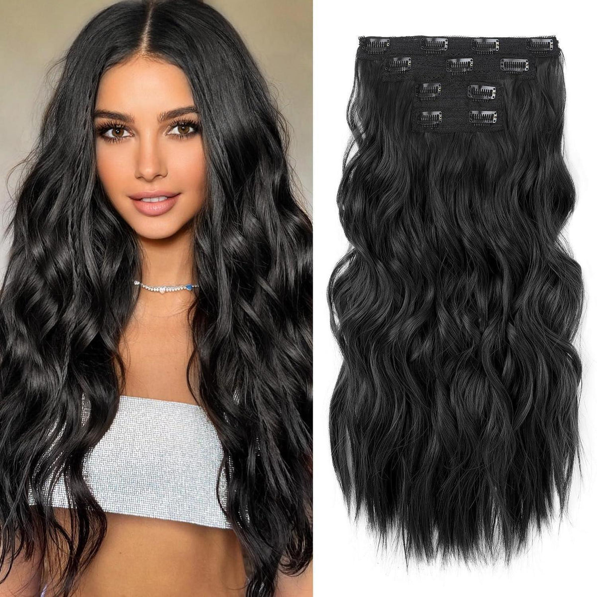 Lange Strandwellen Haarverlängerung mit Clips - Schwarz 60cm