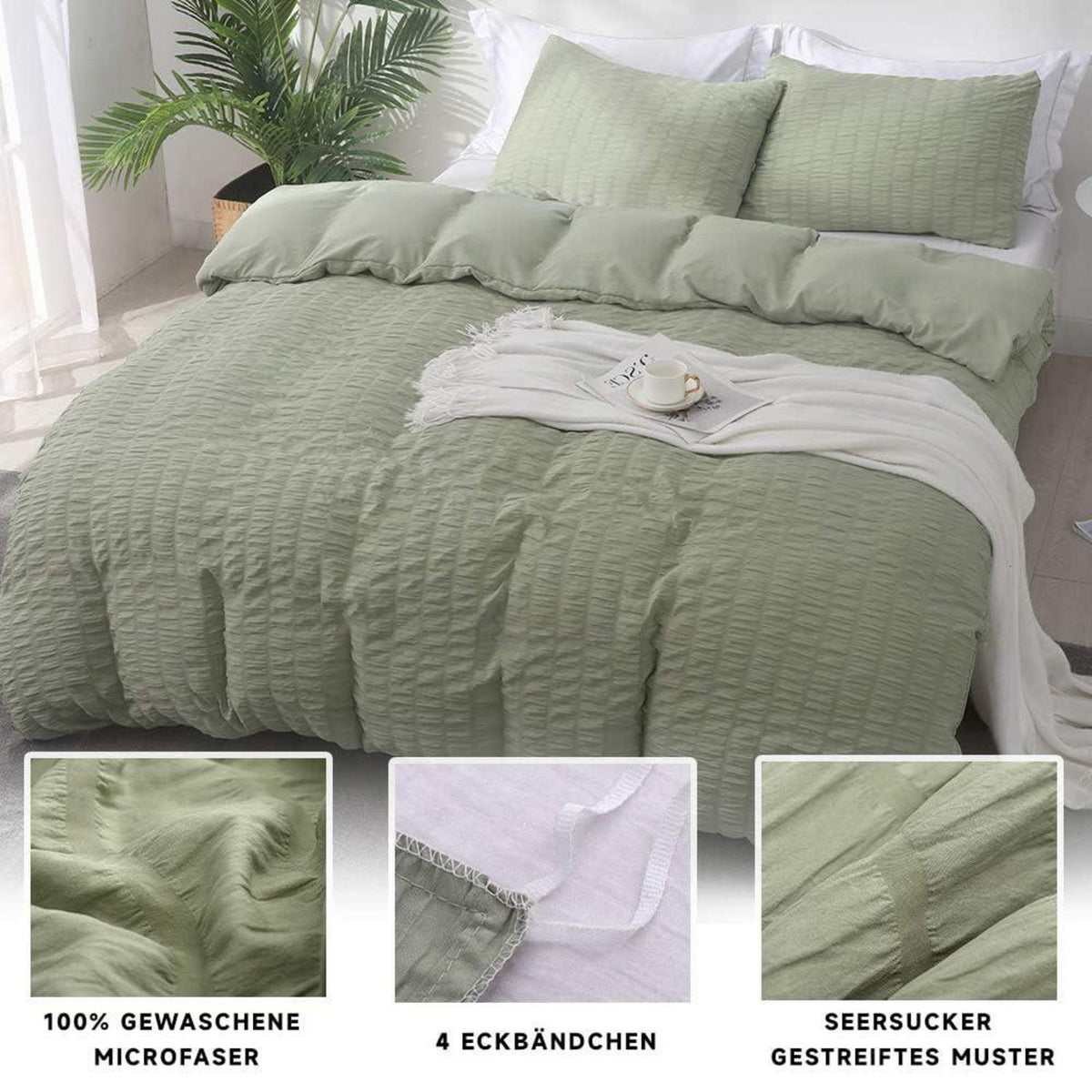 Seersucker Bettwäsche Set 200x200 cm Grün – Atmungsaktiv & Kühlend