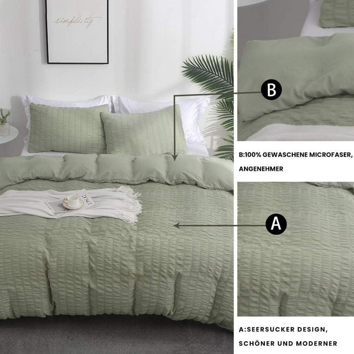 Seersucker Bettwäsche Set 200x200 cm Grün – Atmungsaktiv & Kühlend