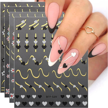 Nagelsticker Herz Linien Blumen – 9 Blatt Nail Art Aufkleber