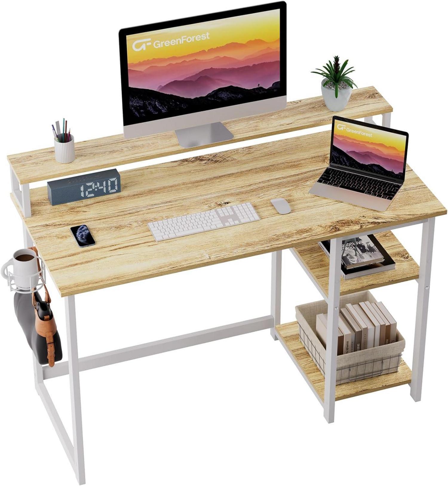 Schreibtisch Holz Regal Monitorständer Computertisch Stauraum Eiche