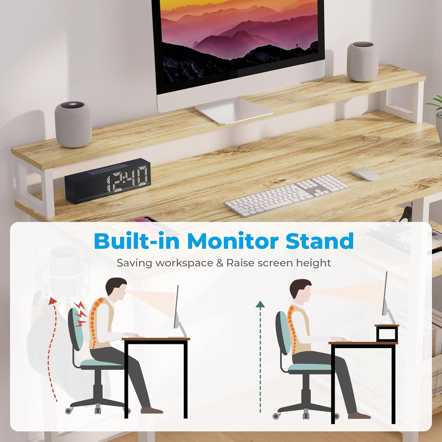Schreibtisch Holz mit Regal Monitorständer Stauraum Eiche Beige