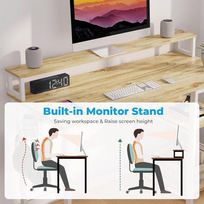 Schreibtisch Holz mit Regal Monitorständer Stauraum Eiche Beige